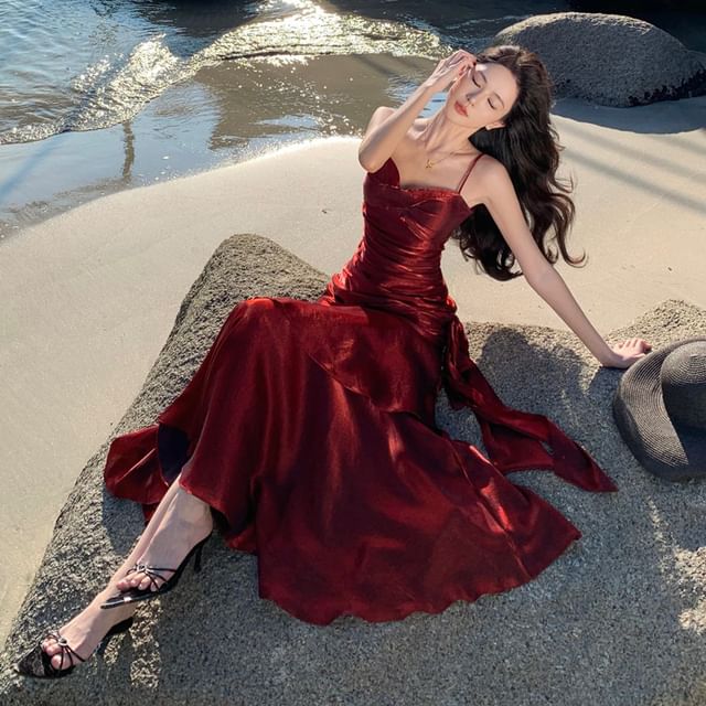 Spaghetti Strap Plain Asymmetrical Ruched Tiered Maxi A-Line Dress