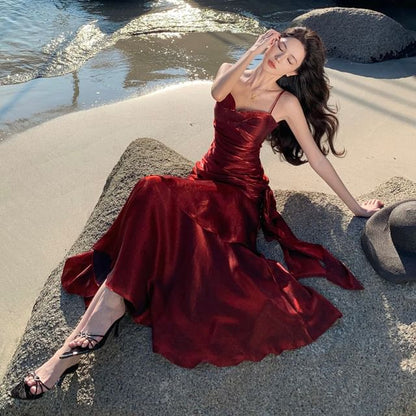 Spaghetti Strap Plain Asymmetrical Ruched Tiered Maxi A-Line Dress