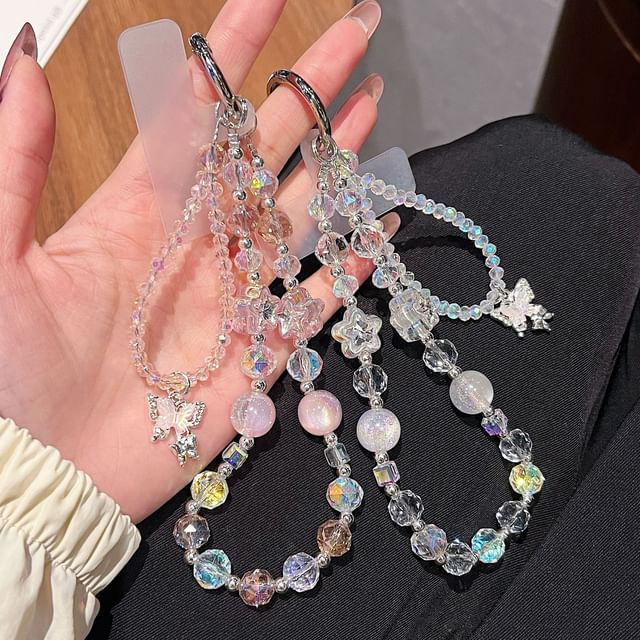 バタフライ型携帯ストラップ付きリストパッド クリスタルビーズストラップ フェイク