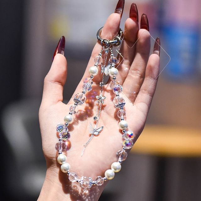 Faux Phone Pearl Pad Strap Lanyard Butterfly with Wrist