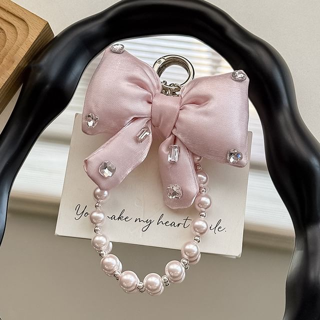 Faux Pearl Lanyard Phone with Bow Rhinestone Charm Pad