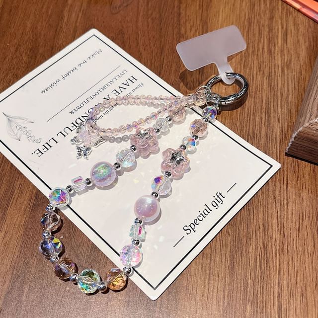 バタフライ型携帯ストラップ付きリストパッド クリスタルビーズストラップ フェイク