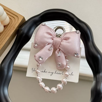 Faux Pearl Lanyard Phone with Bow Rhinestone Charm Pad