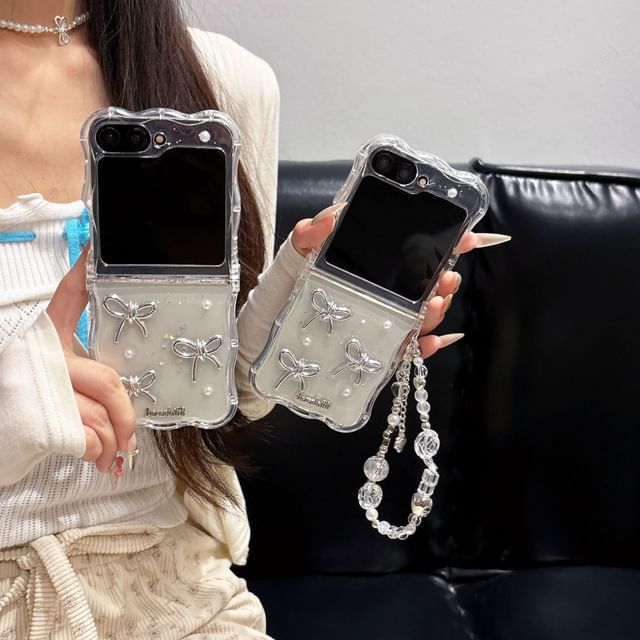 Bow Faux Pearl Transparent Phone Case and Strap Options - Compatible with Samsung