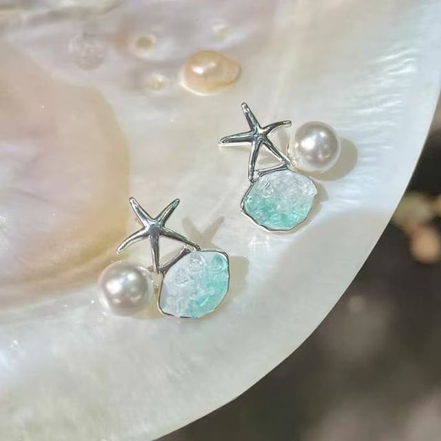 Stud Pearl Starfish Earring Faux Rhinestone Alloy