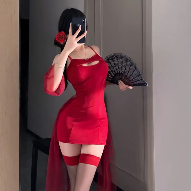 Spaghetti Strap Cutout Bodycon Chemise Set