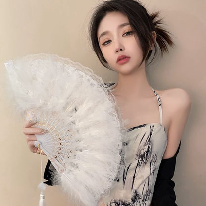 Hand Lace Feather Fan Foldable Tassel