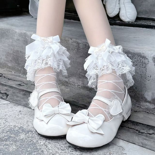 Sheer Lace Trim Socks Bow