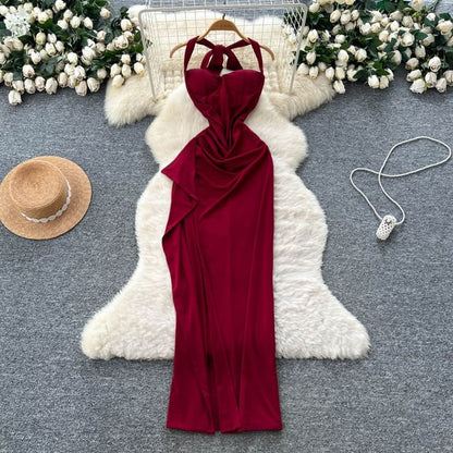 Halter Neck Plain Open Back Slit Maxi Bodycon Dress