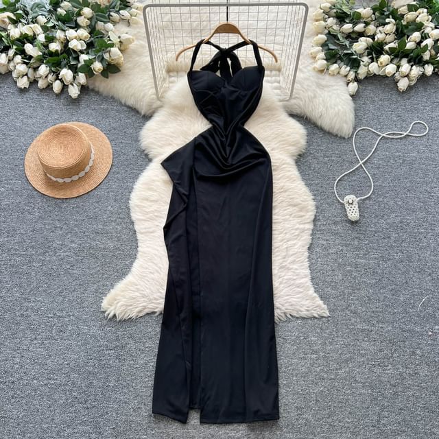 Halter Neck Plain Open Back Slit Maxi Bodycon Dress