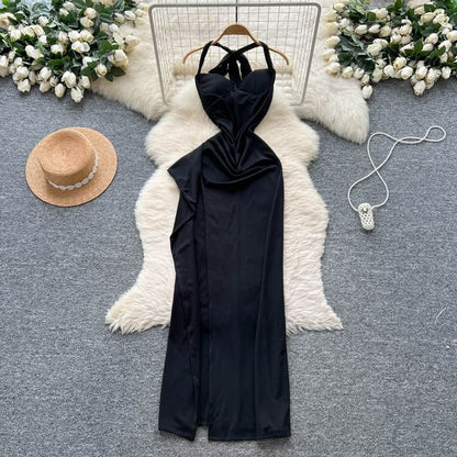 Halter Neck Plain Open Back Slit Maxi Bodycon Dress