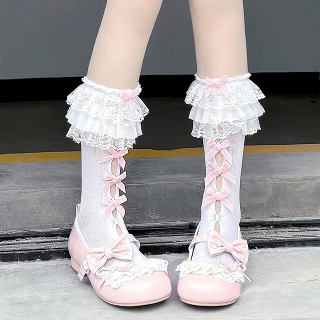 Lace Trim Mid-Calf Socks Cutout Bow