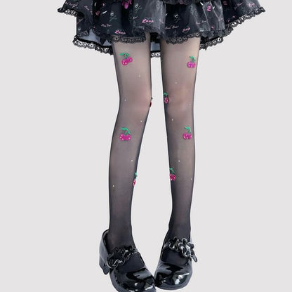 Embroidered Sheer Tights Cherry