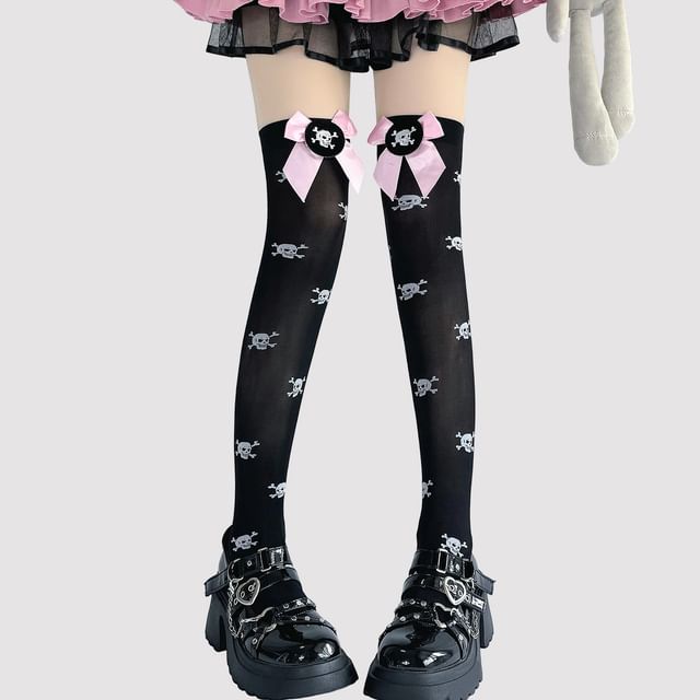 Bow Print Over-The-Knee Socks Skull