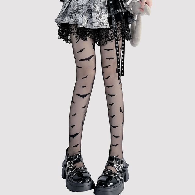 Transparente Strumpfhose mit Fledermaus-Print