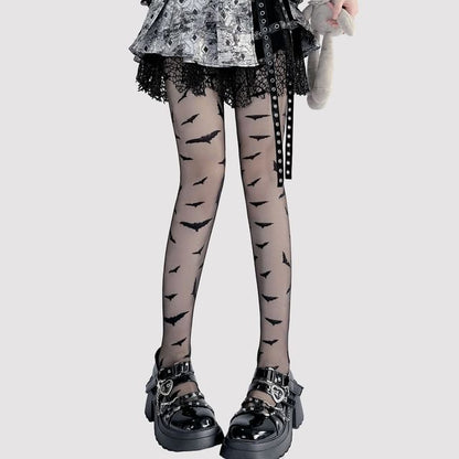 Transparente Strumpfhose mit Fledermaus-Print