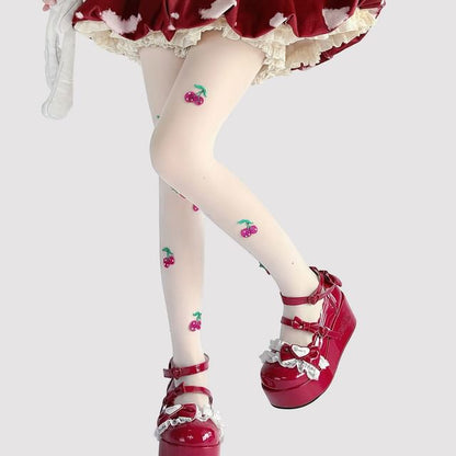 Embroidered Sheer Tights Cherry
