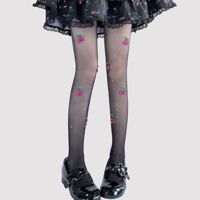 Embroidered Sheer Tights Cherry