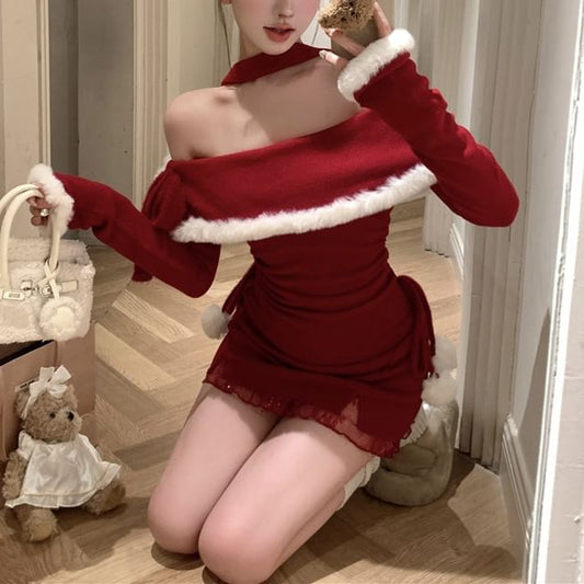 Long-Sleeve Halter Off-Shoulder Contrast Fluffy Trim Ruched Mini Sheath Dress