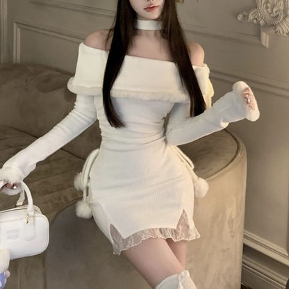 Long-Sleeve Halter Off-Shoulder Contrast Fluffy Trim Ruched Mini Sheath Dress