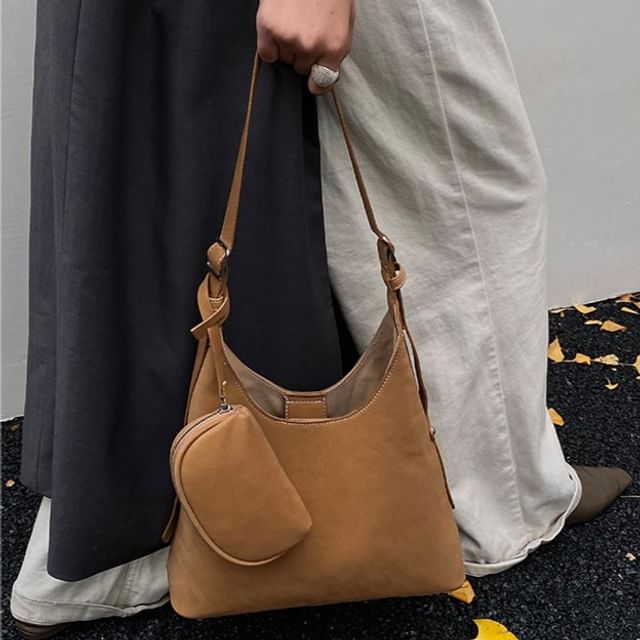 Set: Faux Suede Shoulder Bag + Pouch