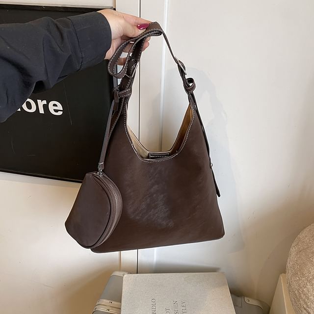 Set: Faux Suede Shoulder Bag + Pouch