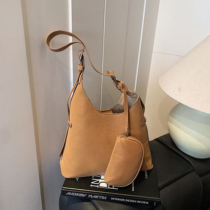Set: Faux Suede Shoulder Bag + Pouch