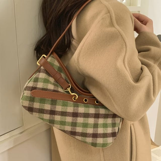 Plaid Belt Accent Fabric Hobo Shoulder Bag (Various Designs)