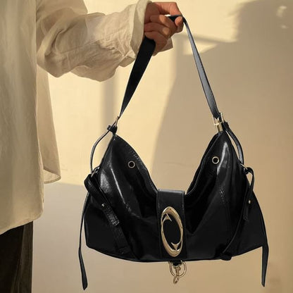 Faux Leather Buckled Grommet Shoulder Bag