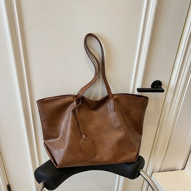Faux Leather Plain Shoulder Bag