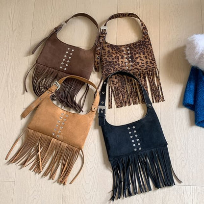 Studded Fringe Faux Suede Shoulder Bag