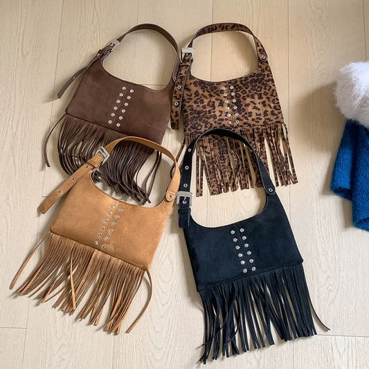 Studded Fringe Faux Suede Shoulder Bag