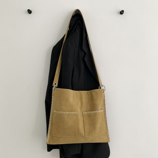 Contrast Stitch Faux Suede Shoulder Bag