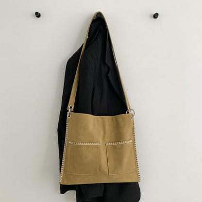Contrast Stitch Faux Suede Shoulder Bag