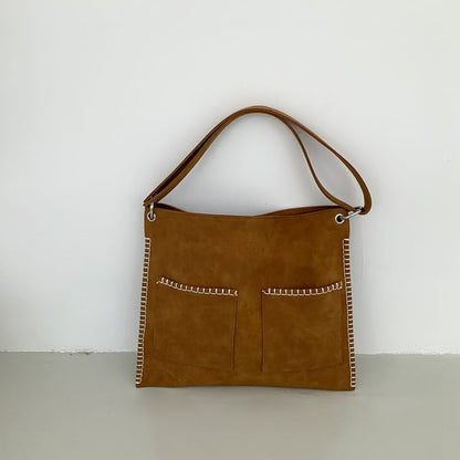 Contrast Stitch Faux Suede Shoulder Bag