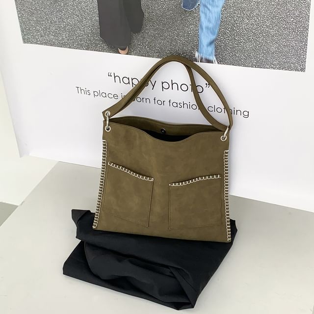 Contrast Stitch Faux Suede Shoulder Bag