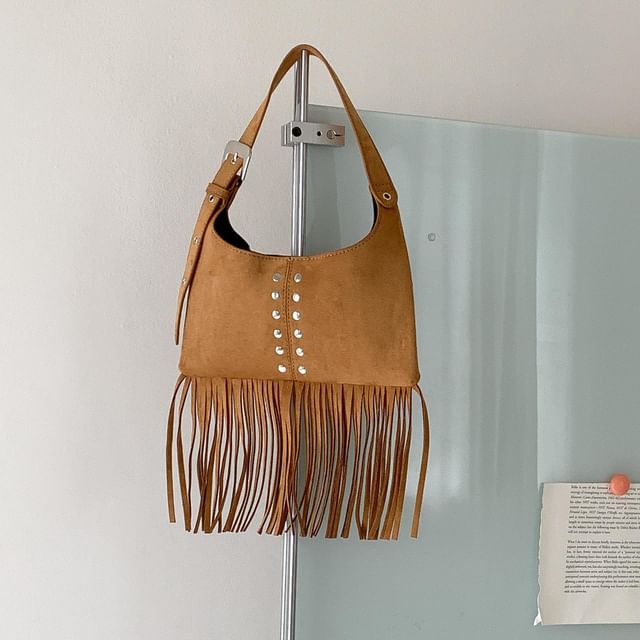 Studded Fringe Faux Suede Shoulder Bag