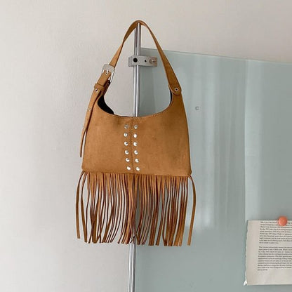 Studded Fringe Faux Suede Shoulder Bag