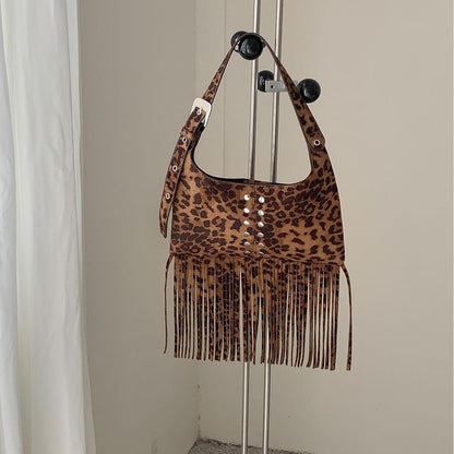 Studded Fringe Faux Suede Shoulder Bag