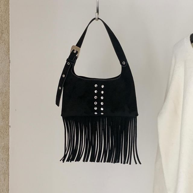 Studded Fringe Faux Suede Shoulder Bag