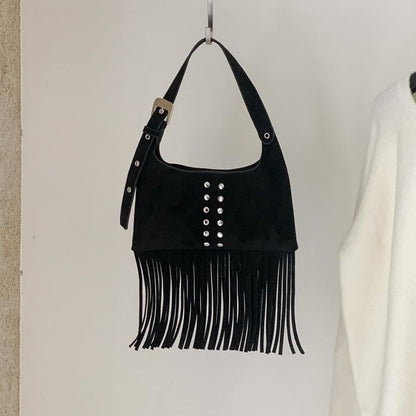 Studded Fringe Faux Suede Shoulder Bag