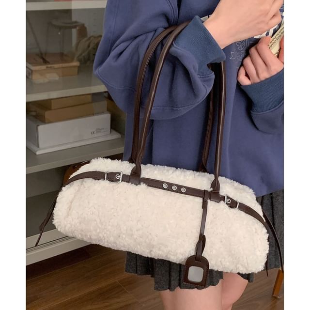 Faux Shearling Belted Shoulder Bag