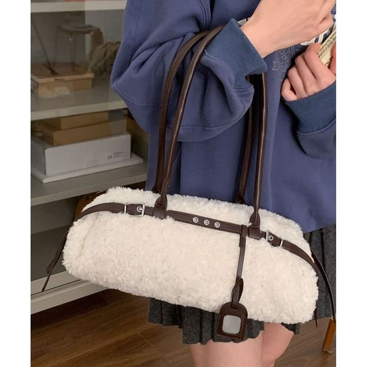 Faux Shearling Belted Shoulder Bag
