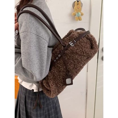Faux Shearling Belted Shoulder Bag