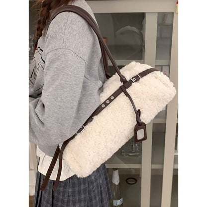 Faux Shearling Belted Shoulder Bag