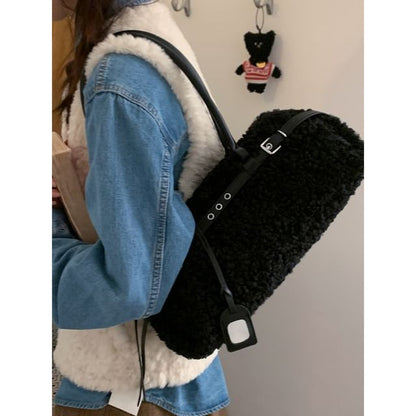 Faux Shearling Belted Shoulder Bag