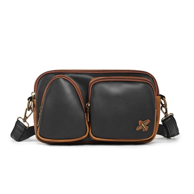 Faux Leather Contrast Piping Crossbody Bag