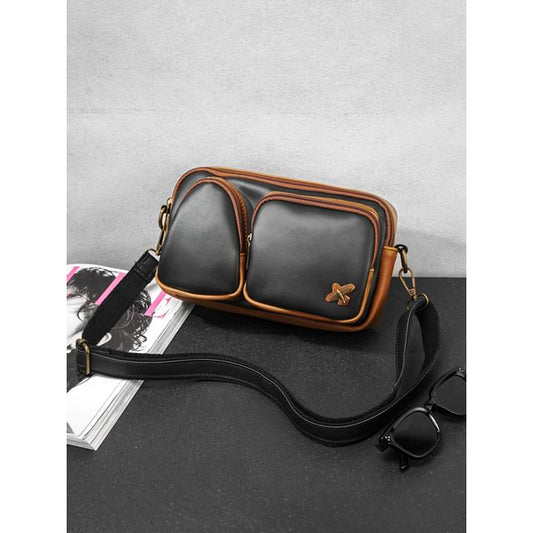 Faux Leather Contrast Piping Crossbody Bag