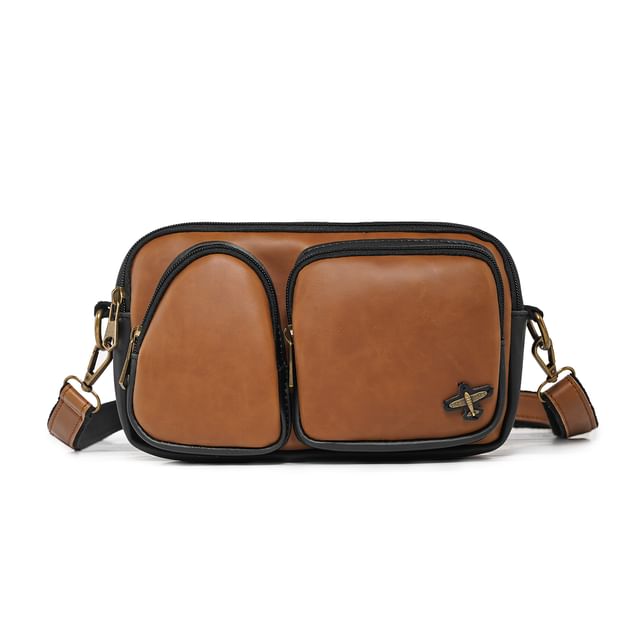Faux Leather Contrast Piping Crossbody Bag