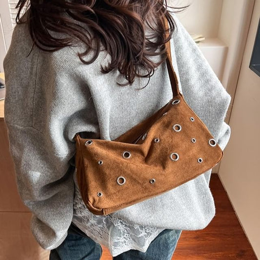 Grommet Faux Suede Shoulder Bag
